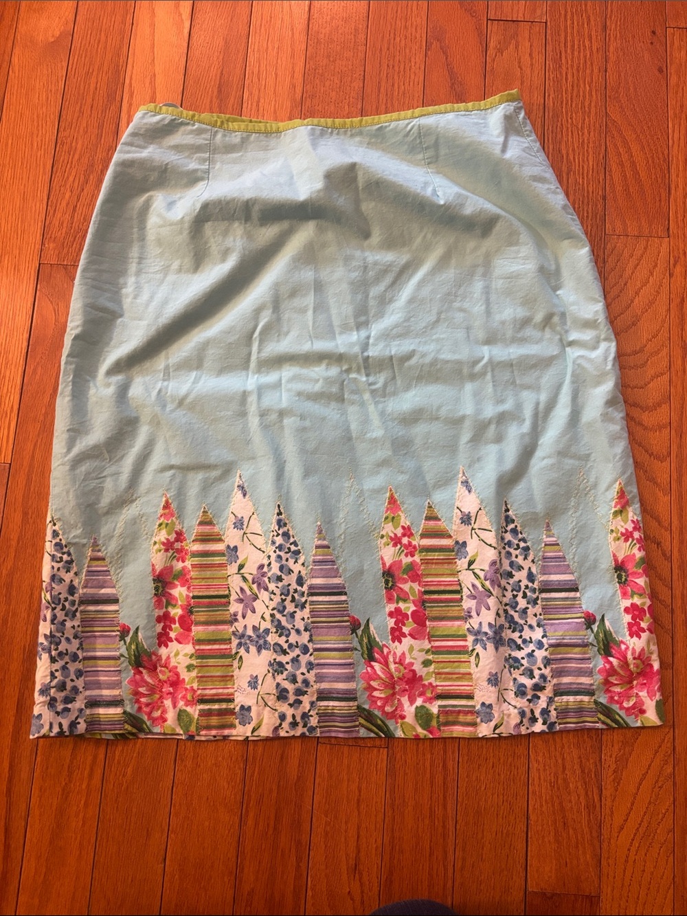 Willi Smith Light Blue Cotton Pencil Skirt with Floral & Stripe Border